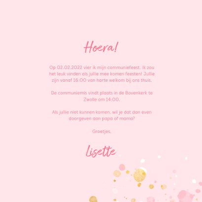 Communiekaart spetters goud roze met foto 3