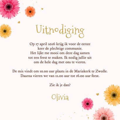 Communiekaart uitnodiging gerbera bloemen kleurrijk goud Achterkant