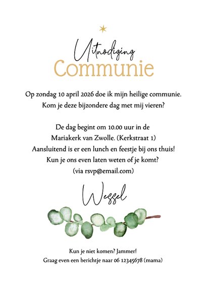 Communiekaart uitnodiging stijlvol waterverf eucalyptus goud 3