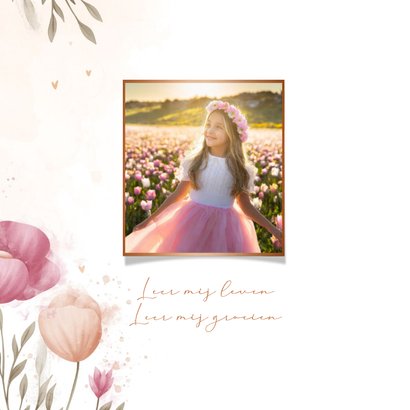 Communiekaart waterverf bloemen met koperen hartjes 2