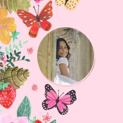 Communiekaartje uitnodiging bloemen en vlinders met naam 2