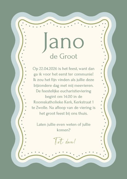 Communiekaartje uitnodiging groen met golvend kader 3
