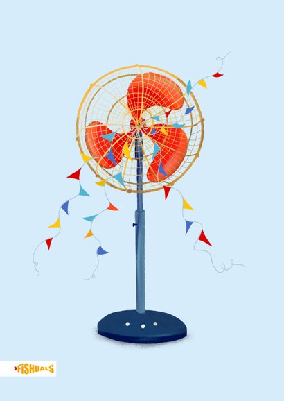 Coole felicitatiekaart met ventilator en vlaggetjes 2