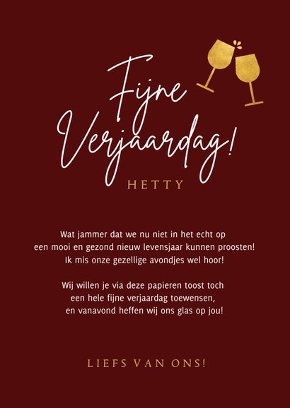 Corona verjaardagskaart met papieren toost met wijn 3