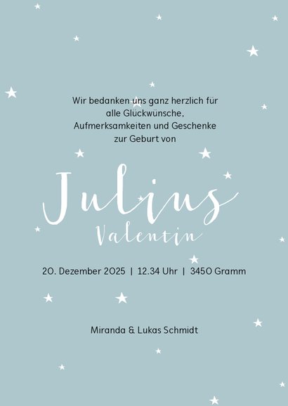 Dankeskarte Geburt Foto, Initialen blau & Sterne 3