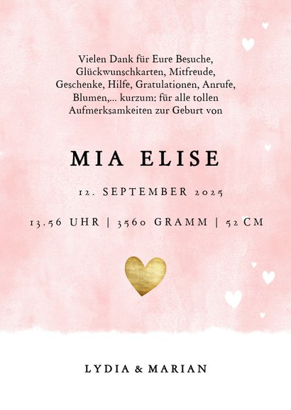 Dankeskarte Geburt Fotos Aquarell mit Herzchen rosa 3