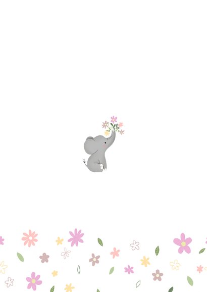 Dankeskarte Geburt Fotos kleiner Elefant mit Blumen Rückseite
