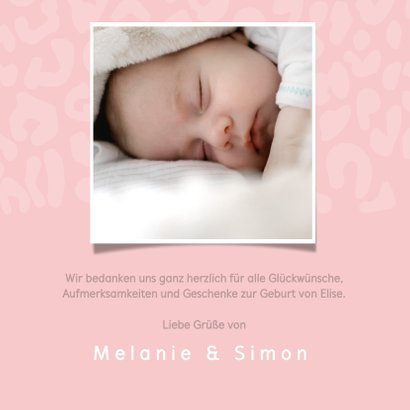 Dankeskarte Geburt Leopardenprint rosa Foto innen 2