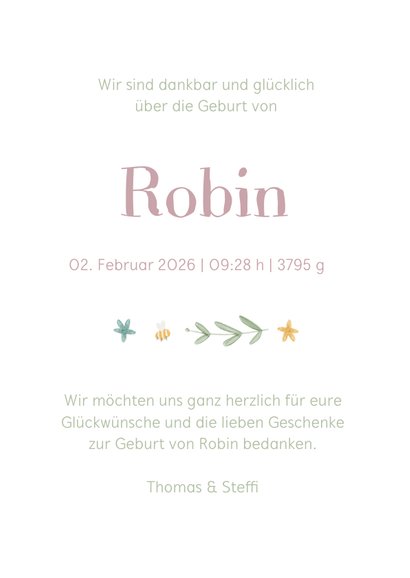 Dankeskarte Geburt rundes Foto Blumen & Bienen 3