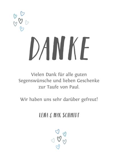 Dankeskarte Taufe blau Regenbogen und Fotos 3