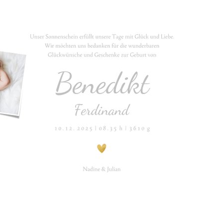 Danksagung Geburt Fotos und Goldakzente 3