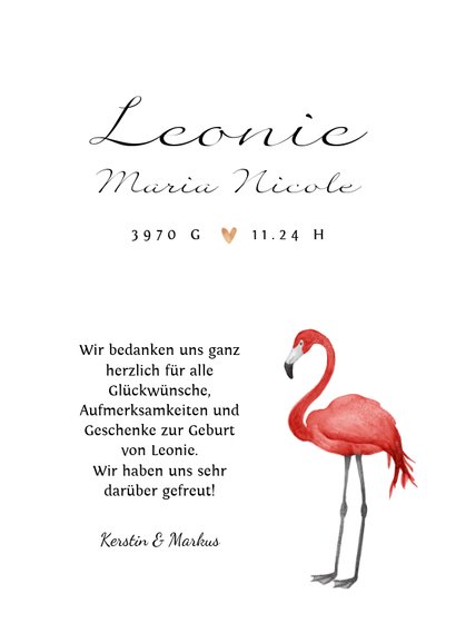 Danksagung zur Geburt Flamingo mit Foto innen 3