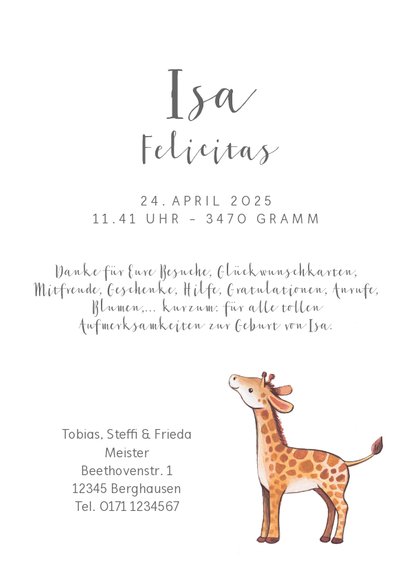 Danksagung zur Geburt große & kleine Giraffe Foto innen 3