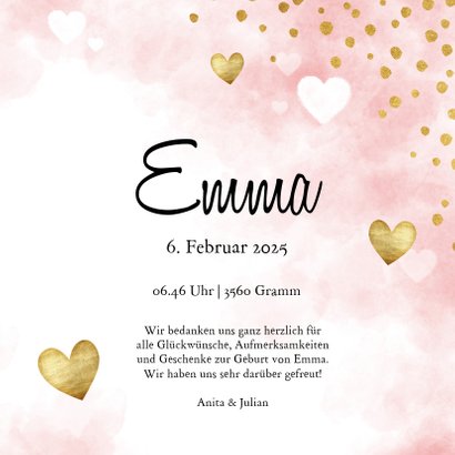 Danksagung zur Geburt Herzen rosa & Foto innen 3