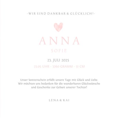 Danksagung zur Geburt rosa Herz Aquarelloptik Foto innen 3