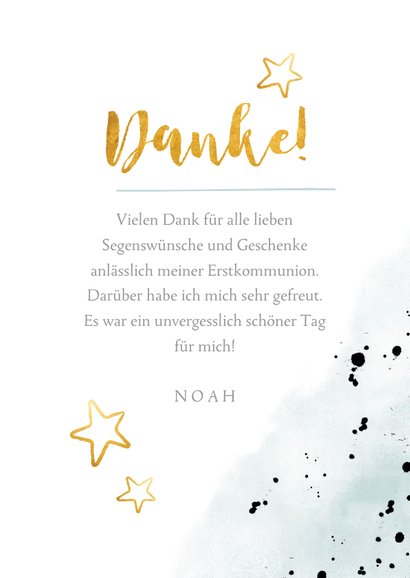 Danksagung zur Kommunion Foto, Wasserfarbe & Goldlook blau 3
