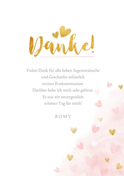Danksagung zur Kommunion Foto, Wasserfarbe & Goldlook rosa 3
