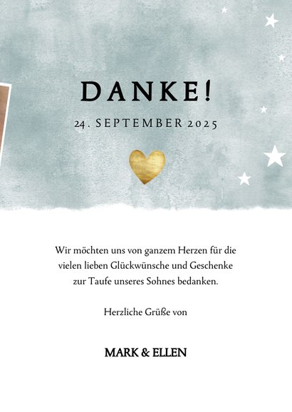 Danksagung zur Taufe blau mit Fotos und Herzen 3