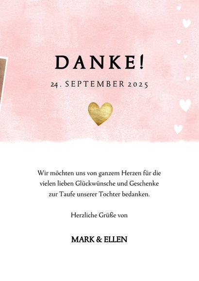 Danksagung zur Taufe rosa mit Fotos und Herzen 3