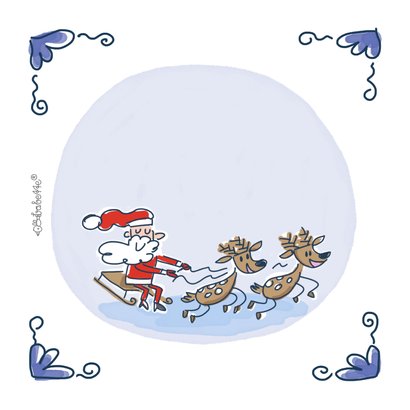 Delfts blauwe foto kerstkaart met kerstman en rendieren 2