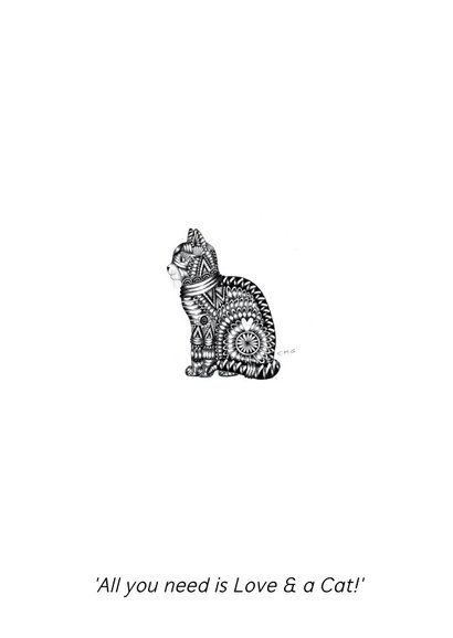 Dierenkaart Kat zwart-wit illustratie 2