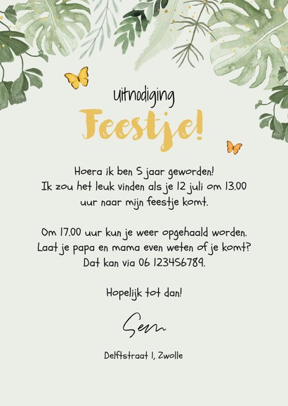 Dinosaurus kinderfeestje uitnodiging T-rex jungle bladeren 3