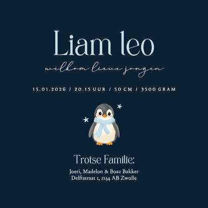  Donker blauw geboortekaartje met schattige baby pinguin Achterkant