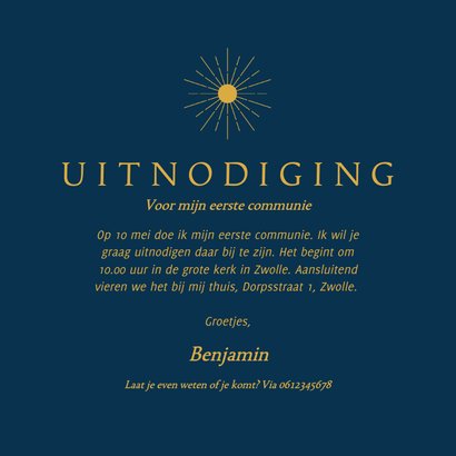 Donkerblauw communiekaartje met gouden zonnetje 3