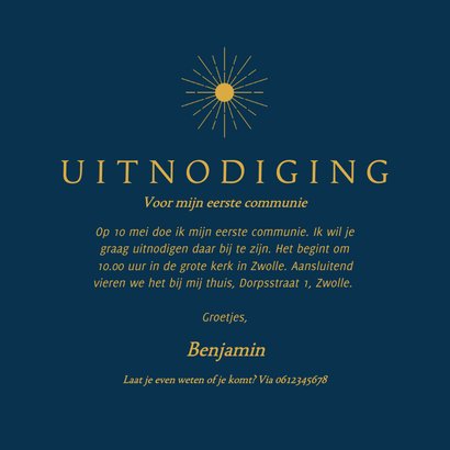 Donkerblauw communiekaartje met gouden zonnetje 3