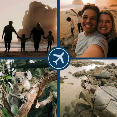 Donkerblauw fotokaartje vakantiegroet met vliegtuigje 2
