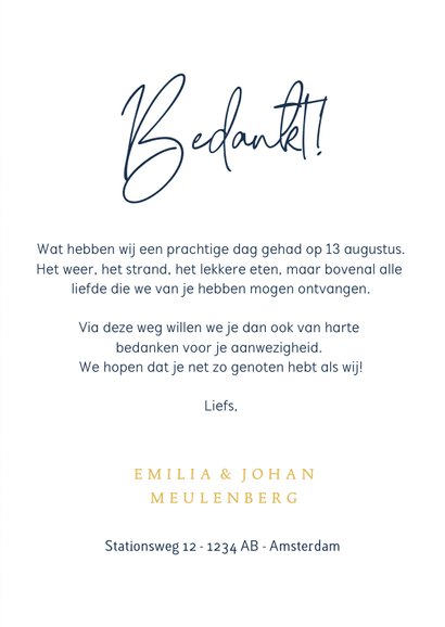 Donkerblauwe bedankkaart huwelijk met eigen foto en spetters 3