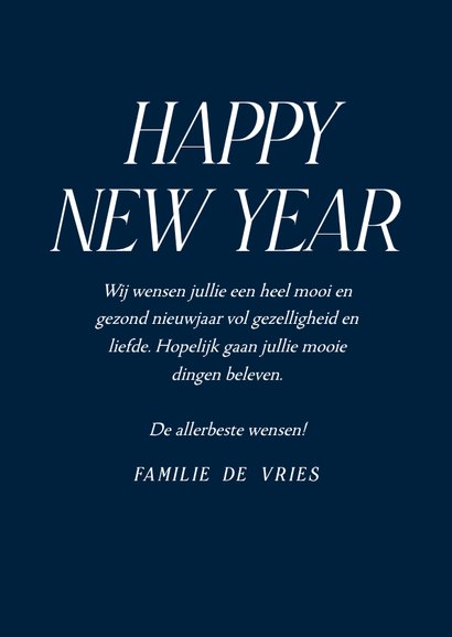 Donkerblauwe nieuwjaarskaart met eigen foto elegante tekst 3