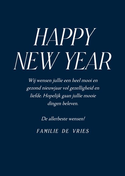 Donkerblauwe nieuwjaarskaart met eigen foto elegante tekst 3