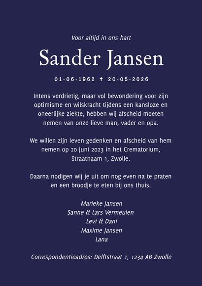 Donkerblauwe rouwkaart in minimalistische stijl met kruis 3