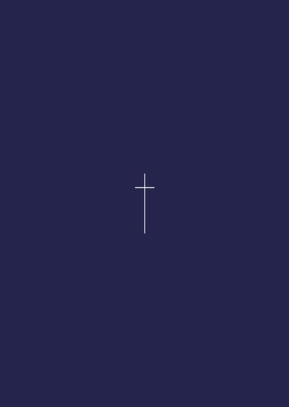 Donkerblauwe rouwkaart in minimalistische stijl met kruis Achterkant