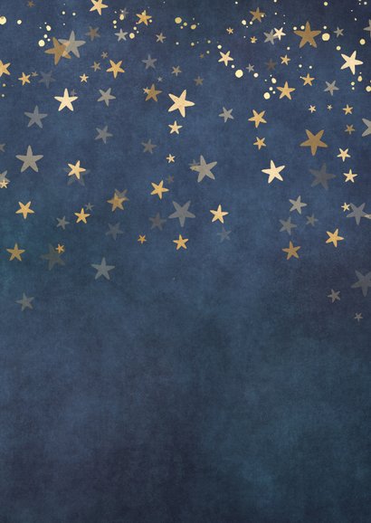 Donkerblauwe staande kerstkaart met eigen foto en sterren Achterkant