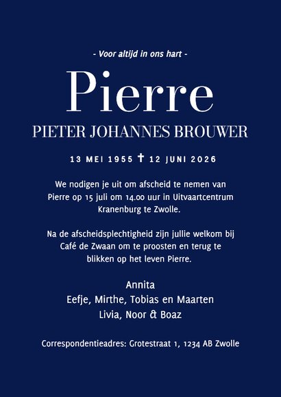 Donkerblauwe stijlvolle rouwkaart met grote foto 3