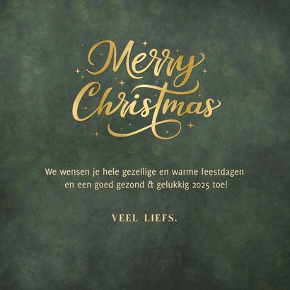 Donkergroene hippe kerstkaart met goudfolie letters 3