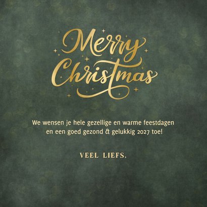 Donkergroene hippe kerstkaart met goudfolie letters 3