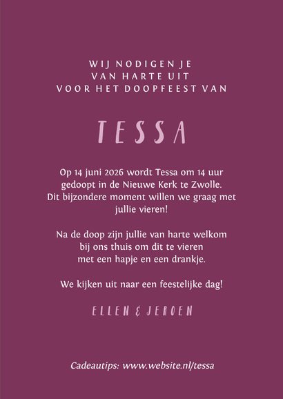 Doopfeest uitnodiging foto roze kruis verfspetters 3