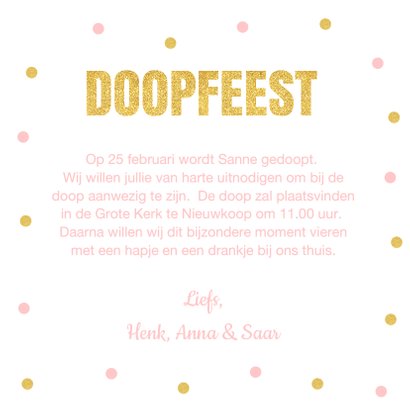 Doopkaart fotocollage confetti goud roze meisje 3