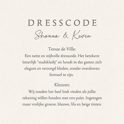 Dresscode kaartje bruiloft met papier textuur Achterkant