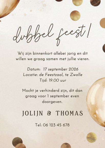 Dubbel feest uitnodiging met ballonnen confetti en foto's 3