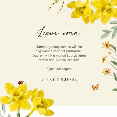 Een vrolijke lente paaskaart met bloemen, vlinders en konijn 3