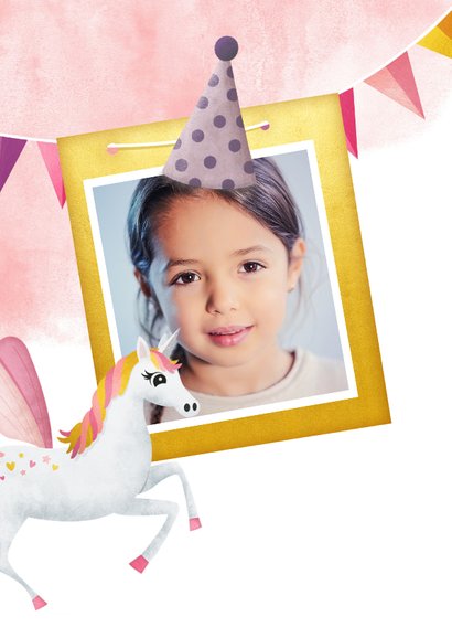 Eenhoorn kinderfeestje verjaardag uitnodiging met slingers 2