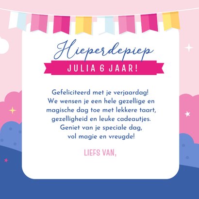 Eenhoorn verjaardagskaart meisje met kasteel en feetje 3