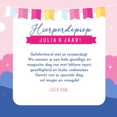 Eenhoorn verjaardagskaart meisje met kasteel en feetje 3