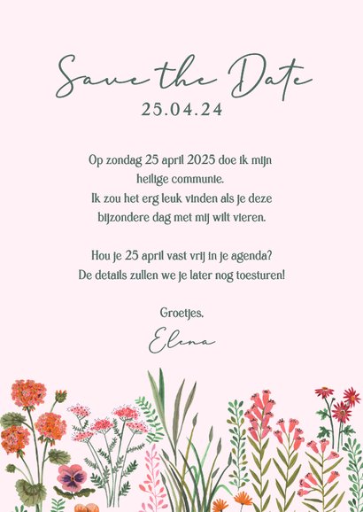 Eerste communie save the date veldbloemen op roze 3