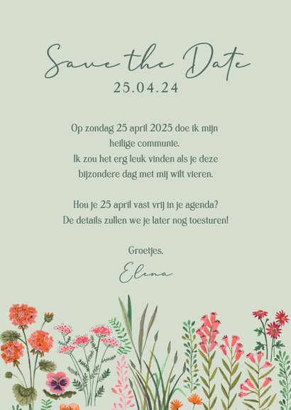 Eerste communie save the date veldbloemen op sage groen 3