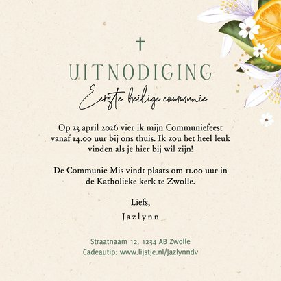 Eerste communie uitnodiging bloemen citrusvruchten goud 3